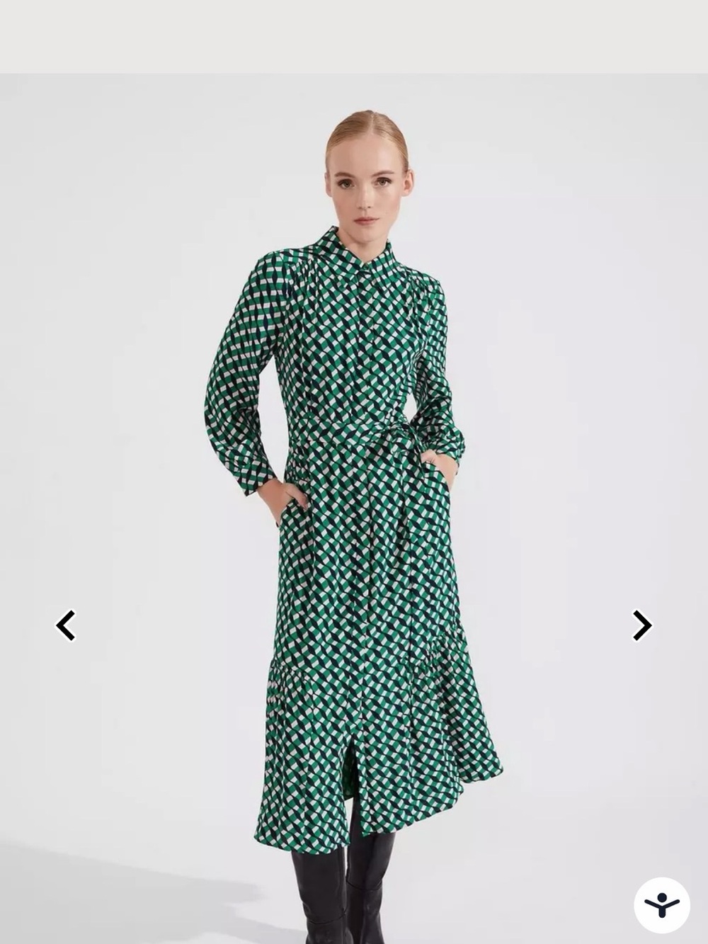 Green Geometric Long-Sleeve Shirt Dress with Tie Waist